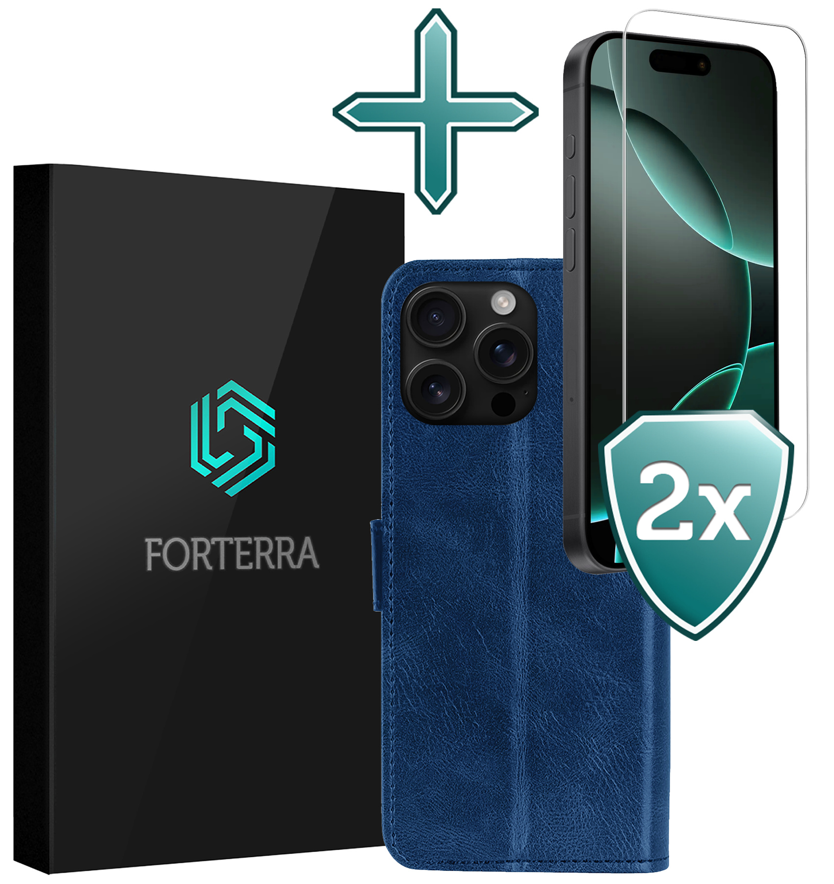 Forterra Hoesje Geschikt voor iPhone 16 Pro Book Case Kunstleer Hoes Met 2x Screenprotector - Hoes Geschikt voor iPhone 16 Pro Hoesje Bookcase Met Pasjeshouder - Donkerblauw