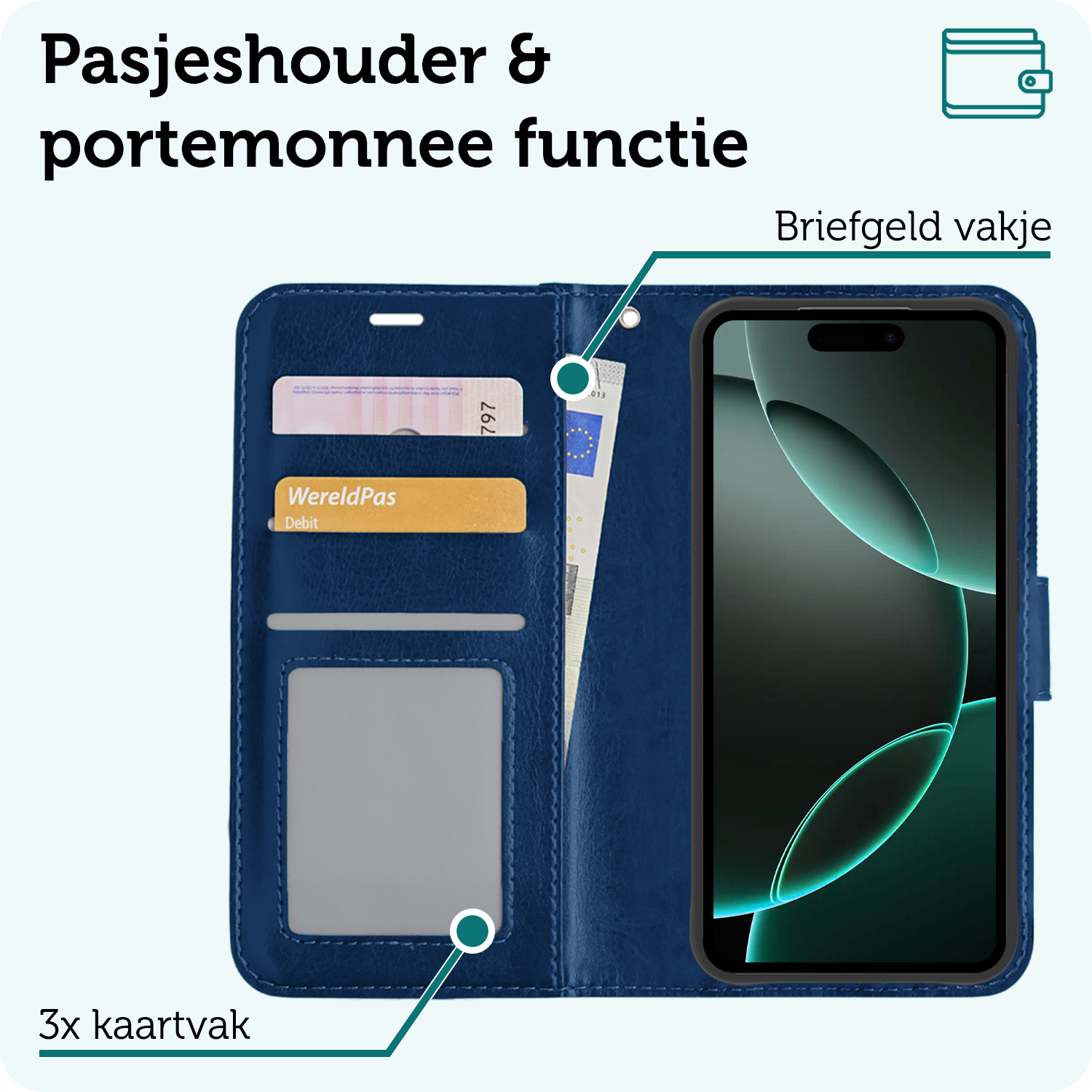 Forterra Hoesje Geschikt voor iPhone 16 Pro Book Case Kunstleer Hoes Met 2x Screenprotector - Hoes Geschikt voor iPhone 16 Pro Hoesje Bookcase Met Pasjeshouder - Donkerblauw