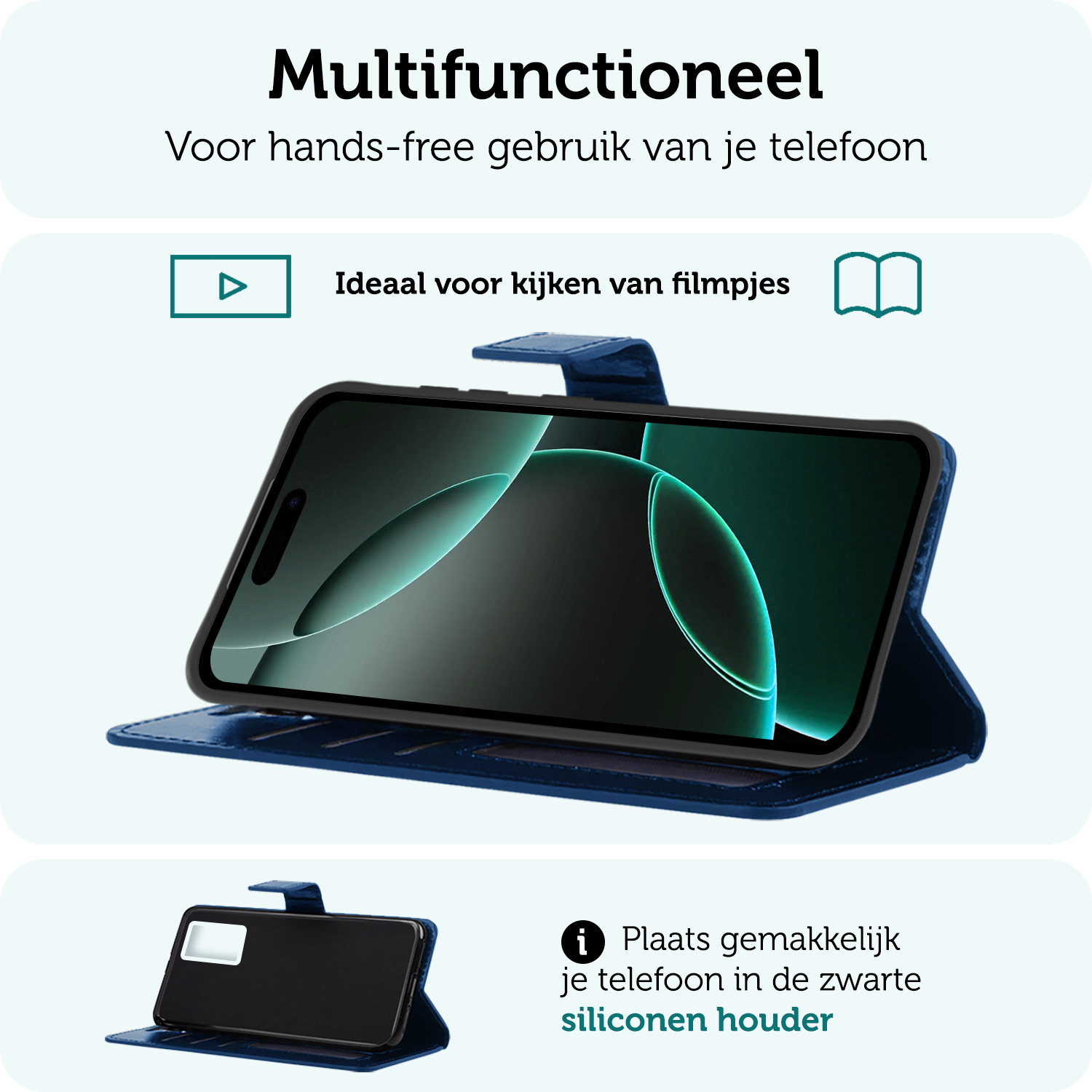 Forterra Hoesje Geschikt voor iPhone 16 Pro Book Case Kunstleer Hoes Met 2x Screenprotector - Hoes Geschikt voor iPhone 16 Pro Hoesje Bookcase Met Pasjeshouder - Donkerblauw