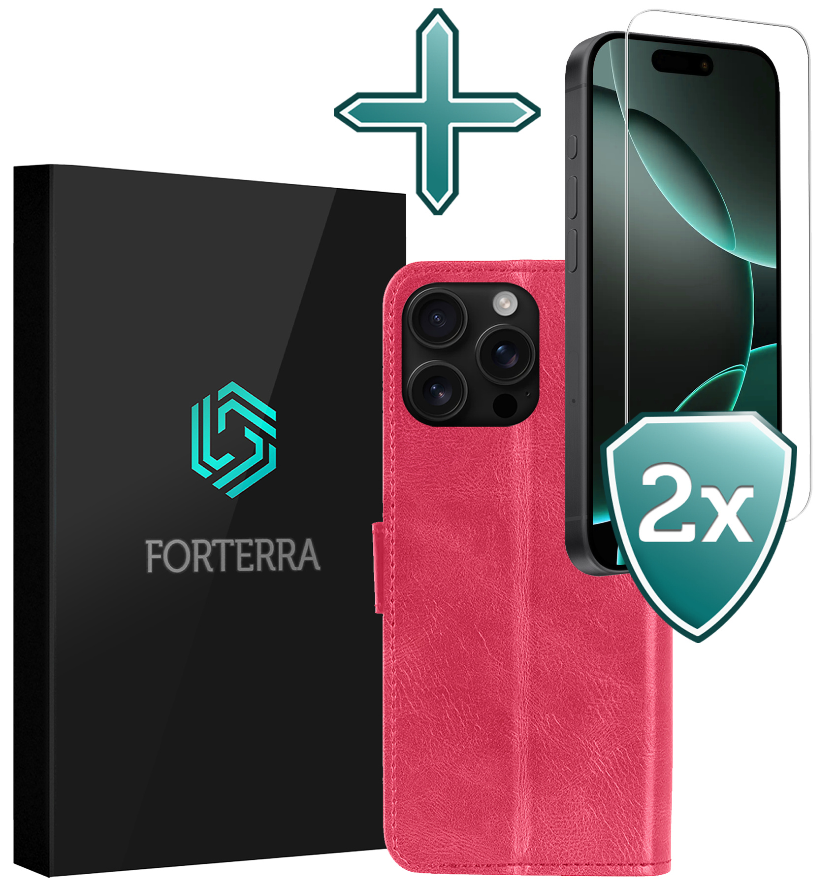 Forterra Hoesje Geschikt voor iPhone 16 Pro Book Case Kunstleer Hoes Met 2x Screenprotector - Hoes Geschikt voor iPhone 16 Pro Hoesje Bookcase Met Pasjeshouder - Donkerroze