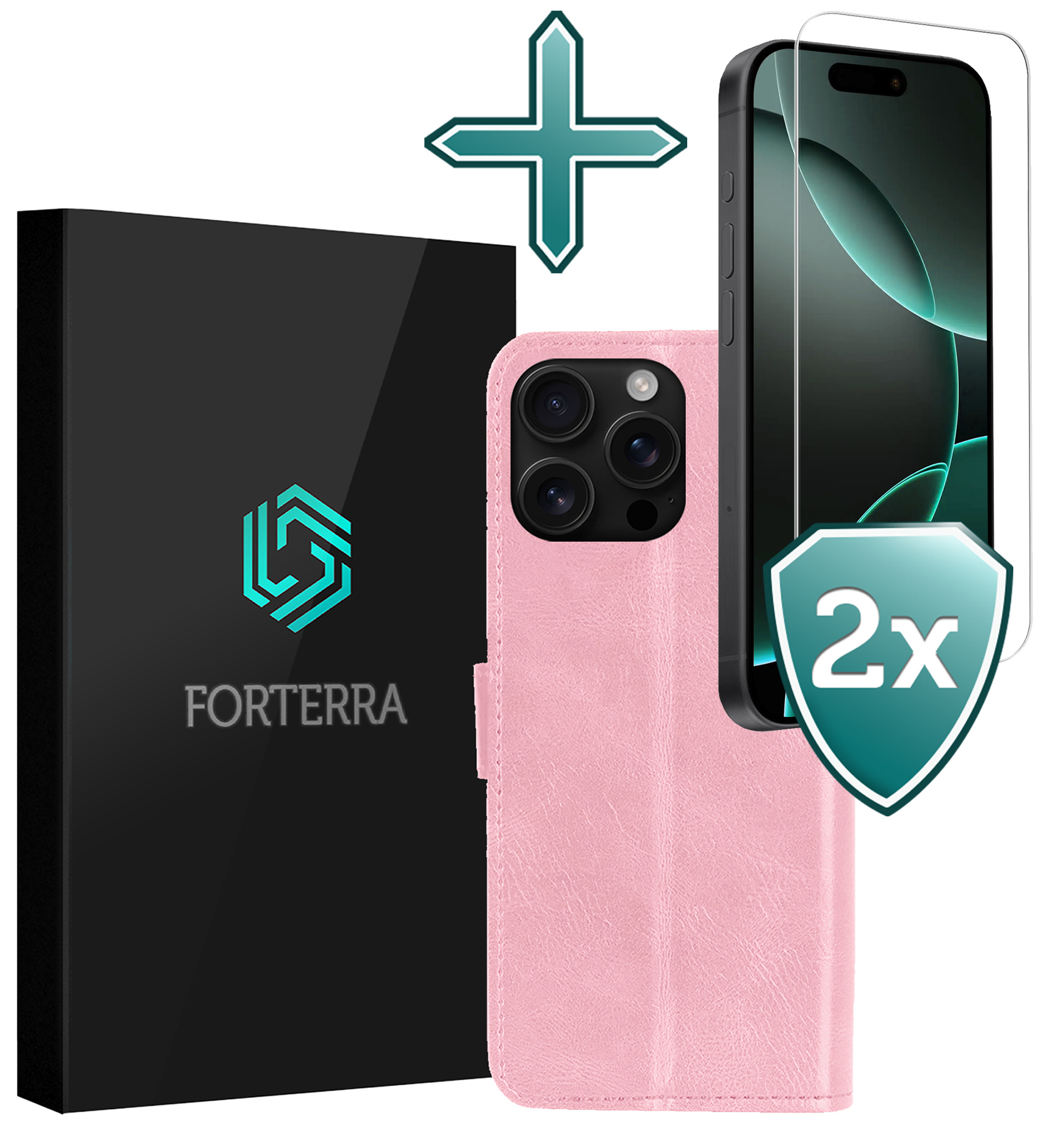 Forterra Hoesje Geschikt voor iPhone 16 Pro Book Case Kunstleer Hoes Met 2x Screenprotector - Hoes Geschikt voor iPhone 16 Pro Hoesje Bookcase Met Pasjeshouder - Lichtroze