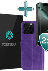 Forterra Hoesje Geschikt voor iPhone 16 Pro Book Case Kunstleer Hoes Met 2x Screenprotector - Hoes Geschikt voor iPhone 16 Pro Hoesje Bookcase Met Pasjeshouder - Paars