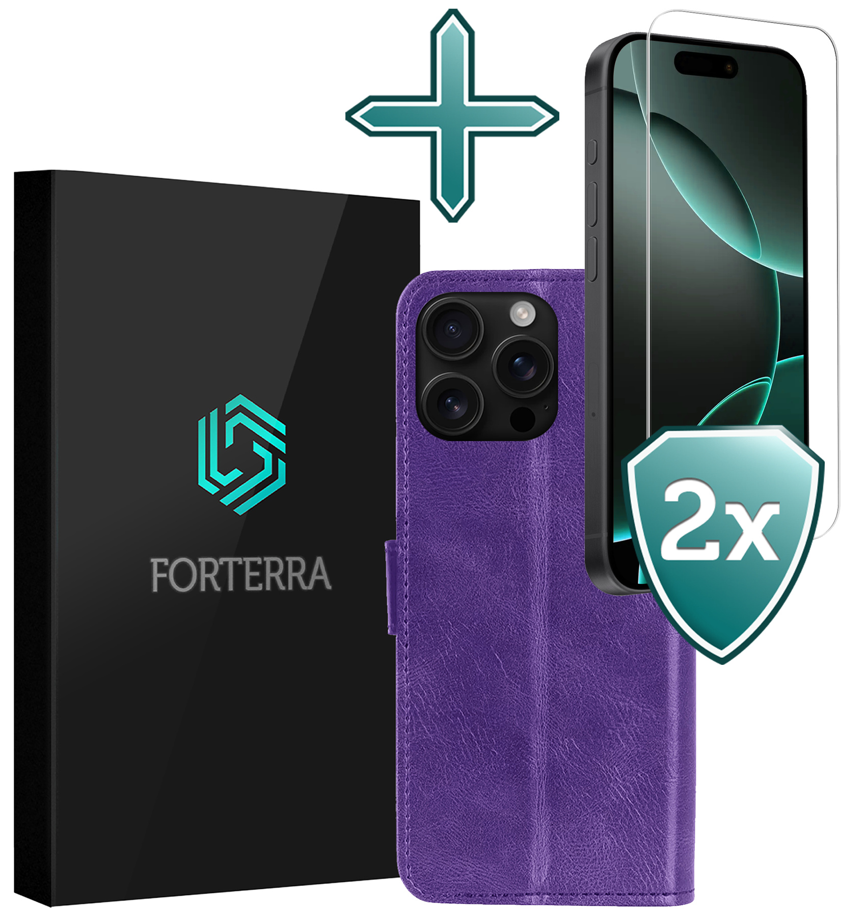 Forterra Hoesje Geschikt voor iPhone 16 Pro Book Case Kunstleer Hoes Met 2x Screenprotector - Hoes Geschikt voor iPhone 16 Pro Hoesje Bookcase Met Pasjeshouder - Paars