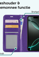 Forterra Hoesje Geschikt voor iPhone 16 Pro Book Case Kunstleer Hoes Met 2x Screenprotector - Hoes Geschikt voor iPhone 16 Pro Hoesje Bookcase Met Pasjeshouder - Paars
