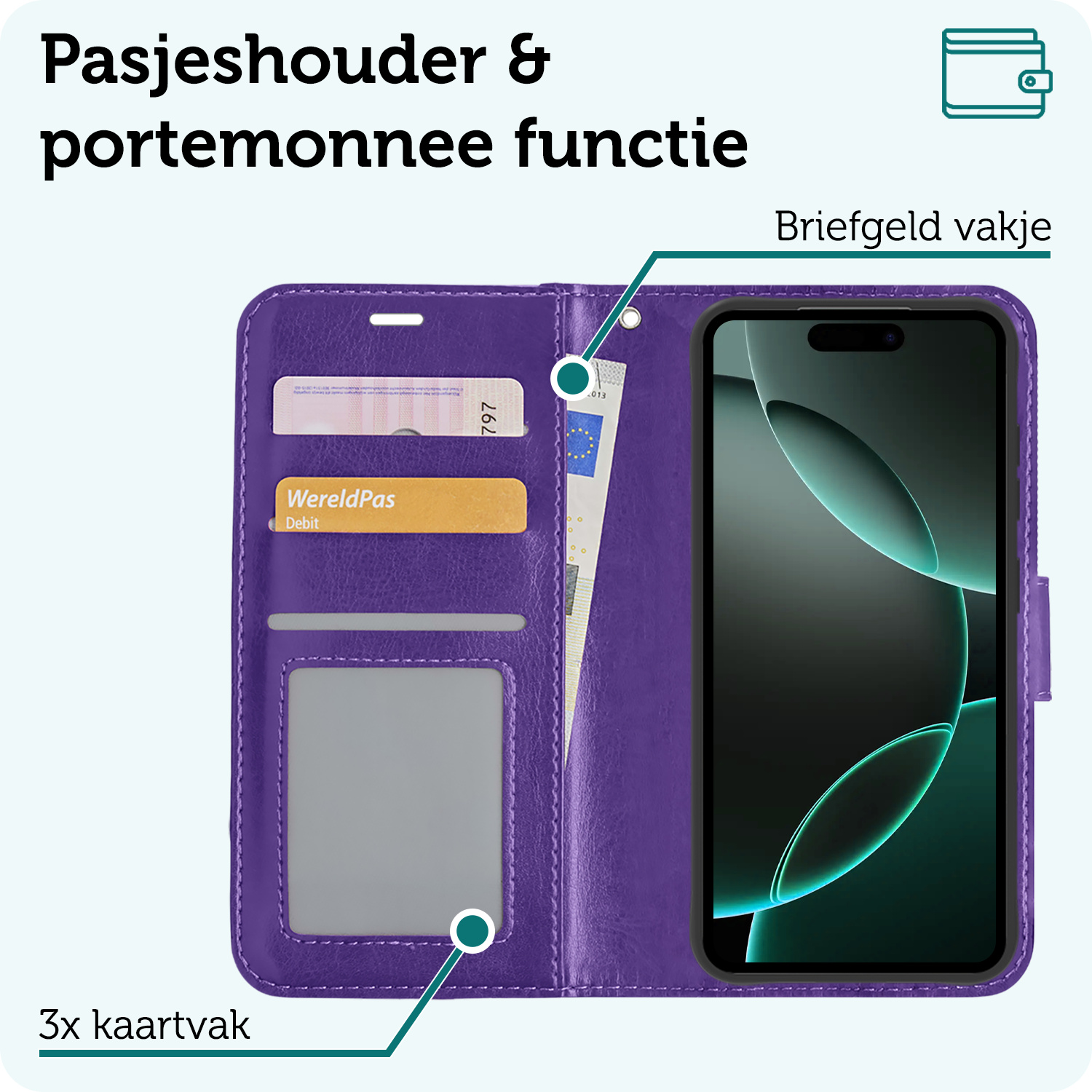 Forterra Hoesje Geschikt voor iPhone 16 Pro Book Case Kunstleer Hoes Met 2x Screenprotector - Hoes Geschikt voor iPhone 16 Pro Hoesje Bookcase Met Pasjeshouder - Paars