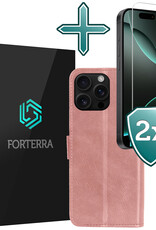 Forterra Hoesje Geschikt voor iPhone 16 Pro Book Case Kunstleer Hoes Met 2x Screenprotector - Hoes Geschikt voor iPhone 16 Pro Hoesje Bookcase Met Pasjeshouder - Rosé goud