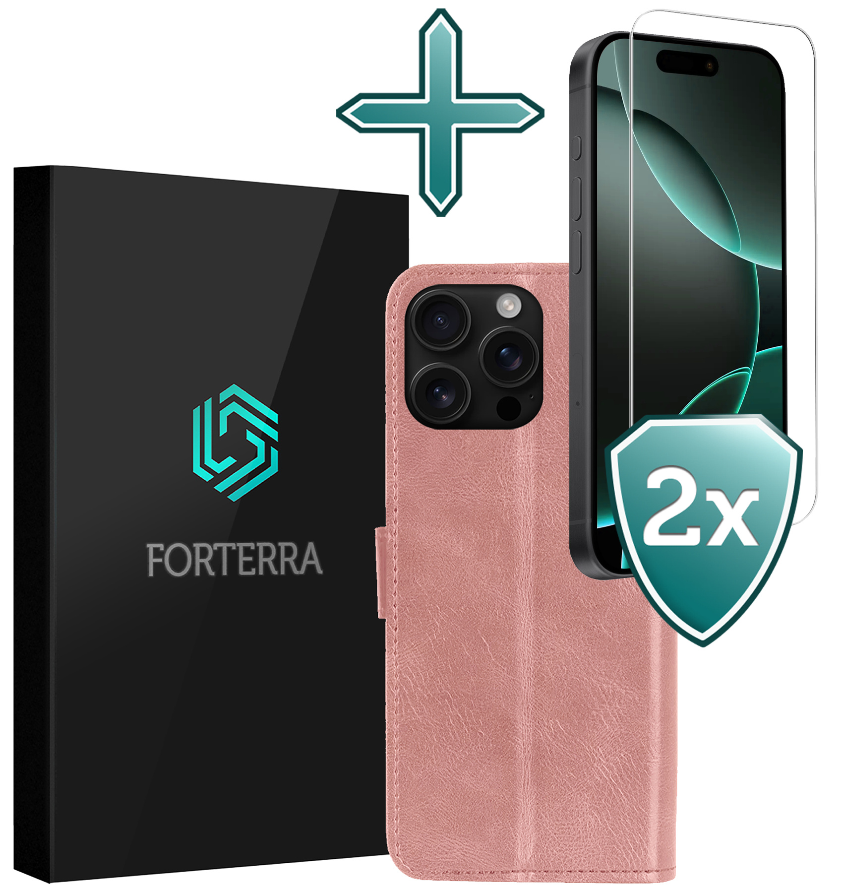 Forterra Hoesje Geschikt voor iPhone 16 Pro Book Case Kunstleer Hoes Met 2x Screenprotector - Hoes Geschikt voor iPhone 16 Pro Hoesje Bookcase Met Pasjeshouder - Rosé goud