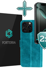 Forterra Hoesje Geschikt voor iPhone 16 Pro Book Case Kunstleer Hoes Met 2x Screenprotector - Hoes Geschikt voor iPhone 16 Pro Hoesje Bookcase Met Pasjeshouder - Turquoise