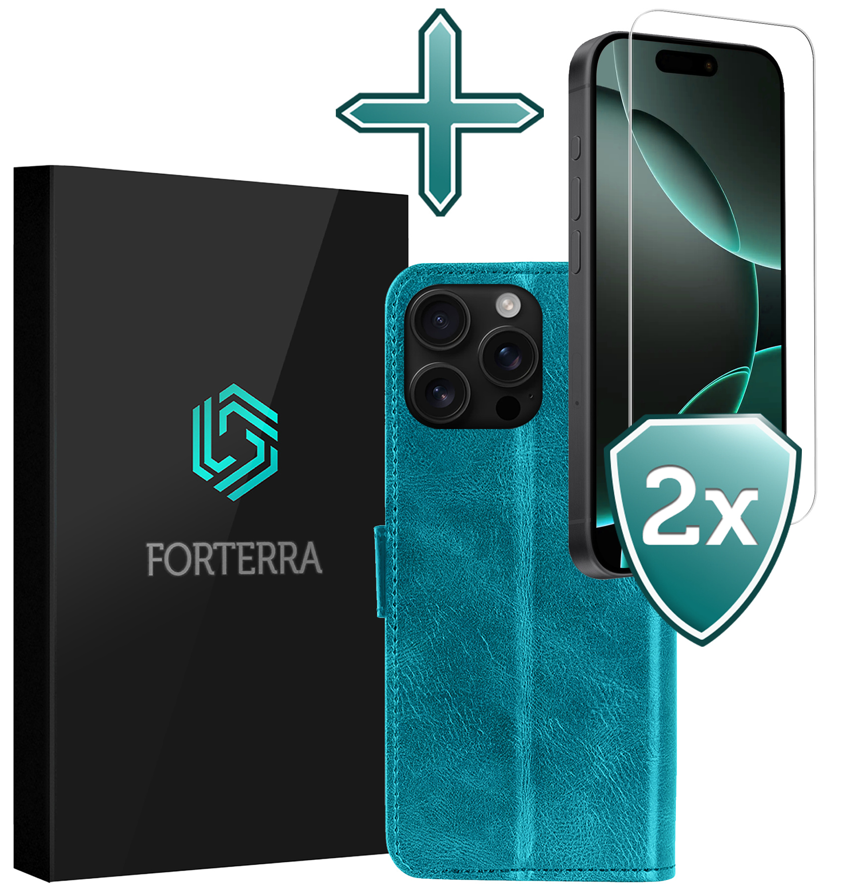 Forterra Hoesje Geschikt voor iPhone 16 Pro Book Case Kunstleer Hoes Met 2x Screenprotector - Hoes Geschikt voor iPhone 16 Pro Hoesje Bookcase Met Pasjeshouder - Turquoise