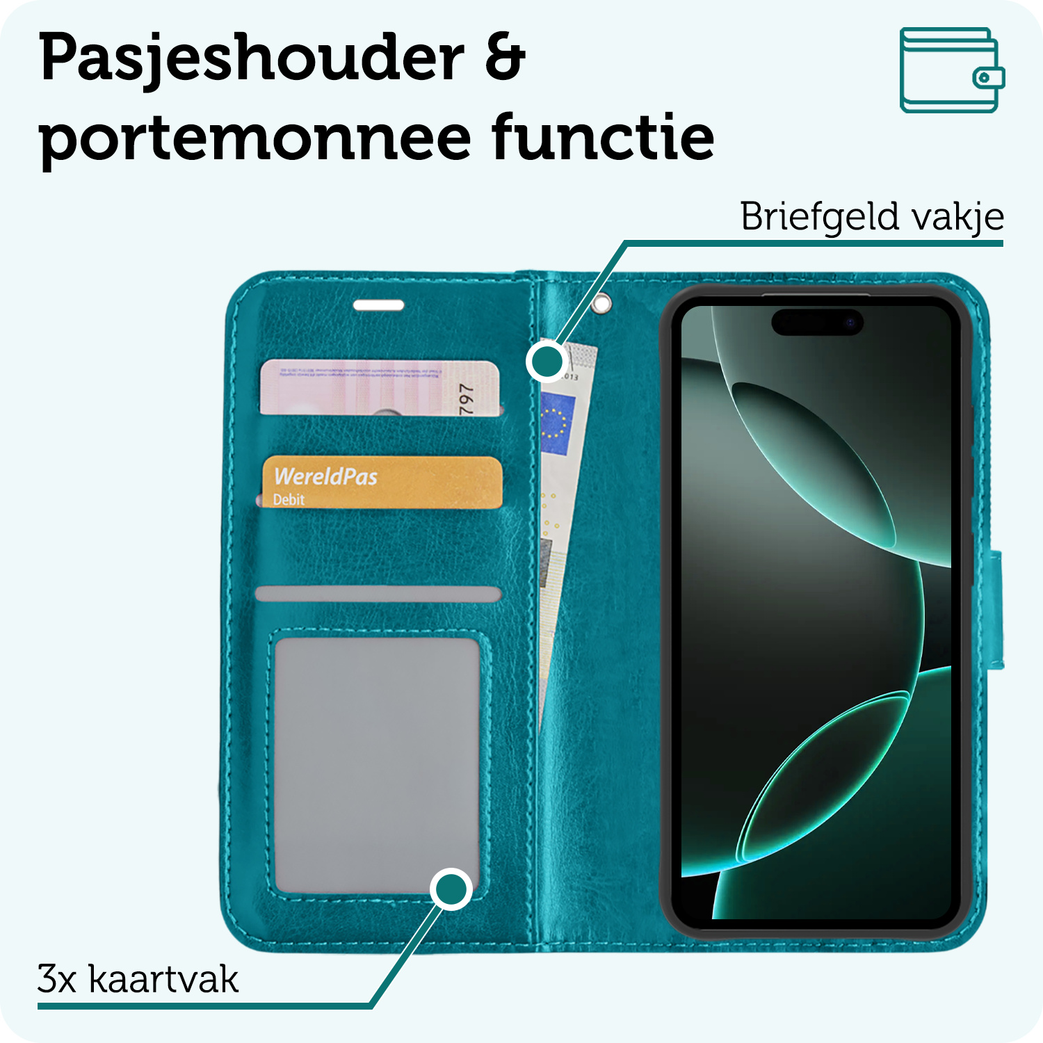 Forterra Hoesje Geschikt voor iPhone 16 Pro Book Case Kunstleer Hoes Met 2x Screenprotector - Hoes Geschikt voor iPhone 16 Pro Hoesje Bookcase Met Pasjeshouder - Turquoise