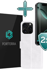 Forterra Hoesje Geschikt voor iPhone 16 Pro Book Case Kunstleer Hoes Met 2x Screenprotector - Hoes Geschikt voor iPhone 16 Pro Hoesje Bookcase Met Pasjeshouder - Wit