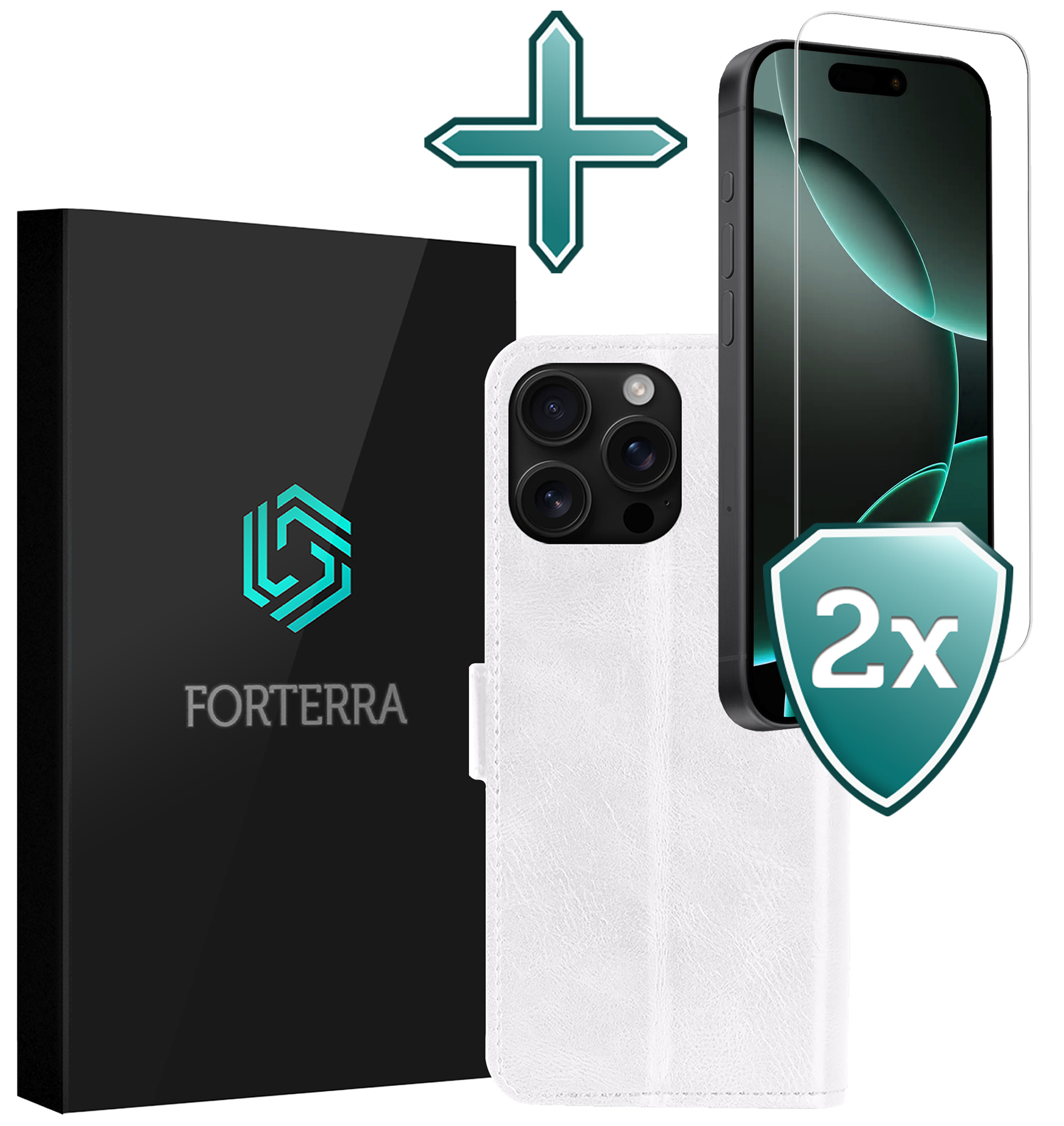 Forterra Hoesje Geschikt voor iPhone 16 Pro Book Case Kunstleer Hoes Met 2x Screenprotector - Hoes Geschikt voor iPhone 16 Pro Hoesje Bookcase Met Pasjeshouder - Wit