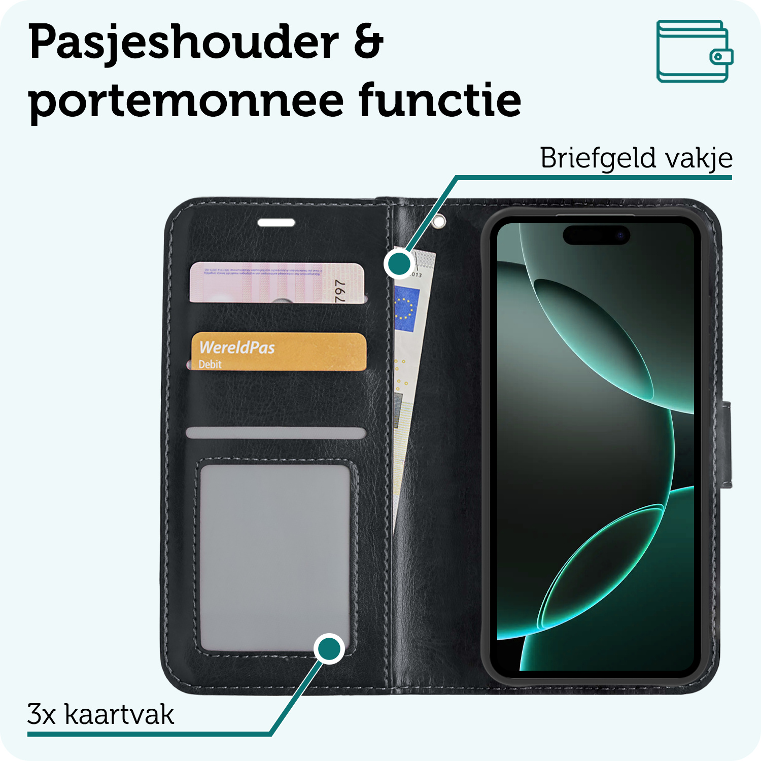 Forterra Hoesje Geschikt voor iPhone 16 Pro Book Case Kunstleer Hoes Met 2x Screenprotector - Hoes Geschikt voor iPhone 16 Pro Hoesje Bookcase Met Pasjeshouder - Zwart