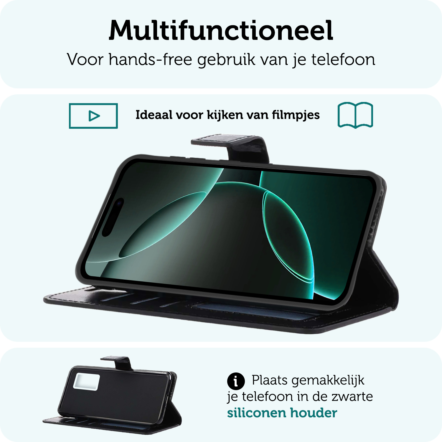 Forterra Hoesje Geschikt voor iPhone 16 Pro Book Case Kunstleer Hoes Met 2x Screenprotector - Hoes Geschikt voor iPhone 16 Pro Hoesje Bookcase Met Pasjeshouder - Zwart