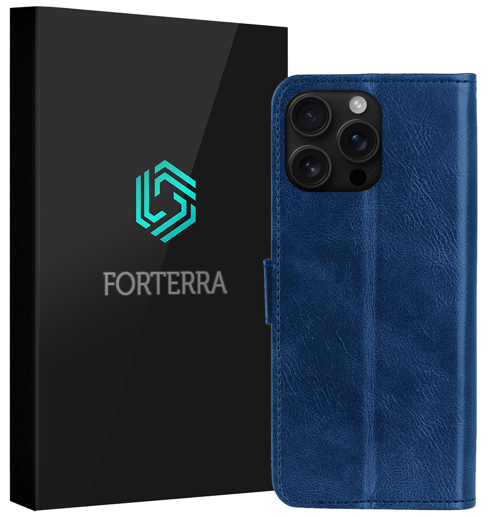 Forterra Hoesje Geschikt voor iPhone 16 Pro Max Book Case Kunstleer Hoes - Hoes Geschikt voor iPhone 16 Pro Max Hoesje Bookcase Met Pasjeshouder - Donkerblauw