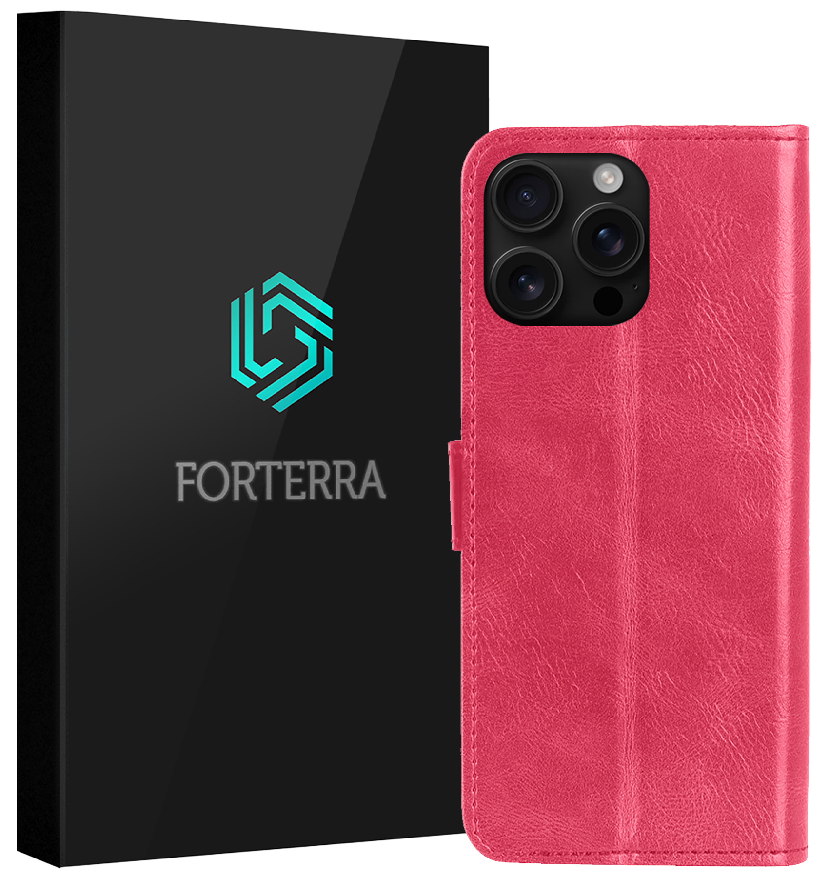 Forterra Hoesje Geschikt voor iPhone 16 Pro Max Book Case Kunstleer Hoes - Hoes Geschikt voor iPhone 16 Pro Max Hoesje Bookcase Met Pasjeshouder - Donkerroze