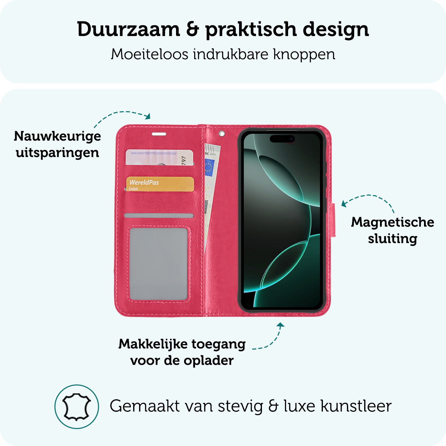 Forterra Hoesje Geschikt voor iPhone 16 Pro Max Book Case Kunstleer Hoes - Hoes Geschikt voor iPhone 16 Pro Max Hoesje Bookcase Met Pasjeshouder - Donkerroze