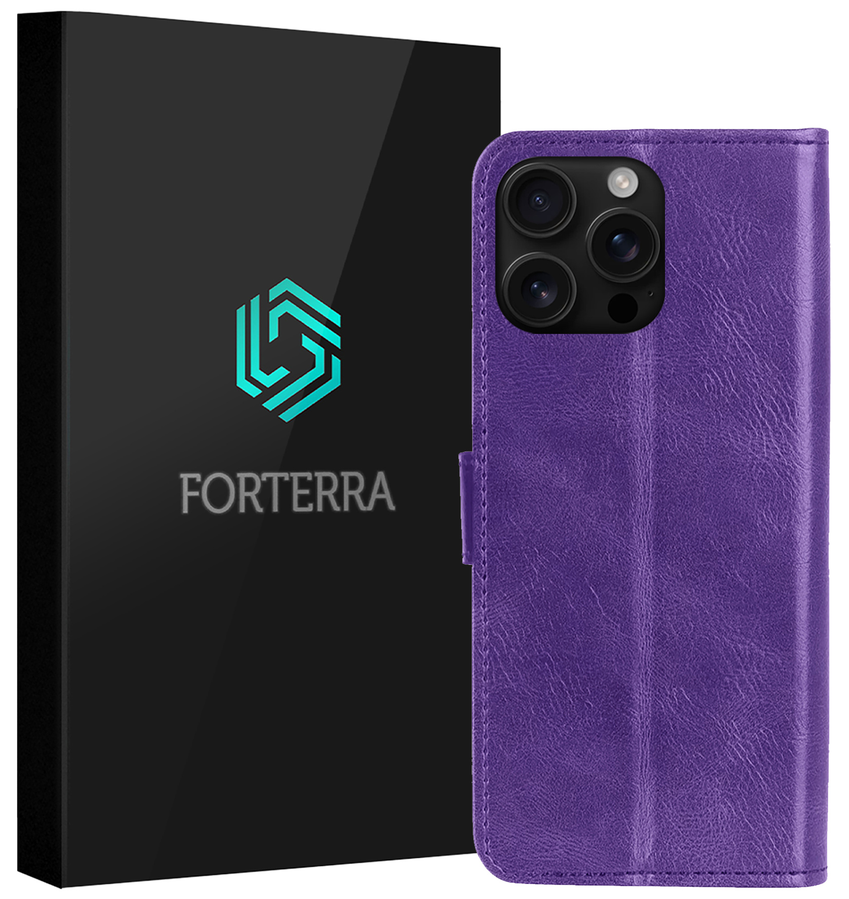 Forterra Hoesje Geschikt voor iPhone 16 Pro Max Book Case Kunstleer Hoes - Hoes Geschikt voor iPhone 16 Pro Max Hoesje Bookcase Met Pasjeshouder - Paars