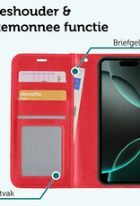Forterra Hoesje Geschikt voor iPhone 16 Pro Max Book Case Kunstleer Hoes - Hoes Geschikt voor iPhone 16 Pro Max Hoesje Bookcase Met Pasjeshouder - Rood