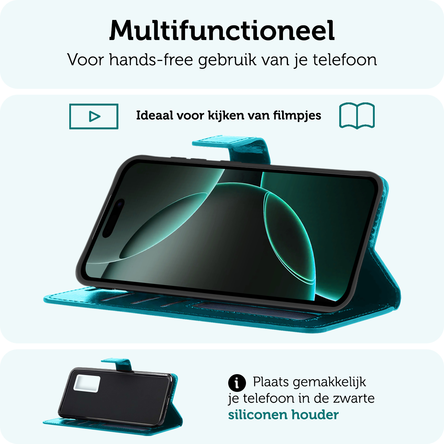 Forterra Hoesje Geschikt voor iPhone 16 Pro Max Book Case Kunstleer Hoes - Hoes Geschikt voor iPhone 16 Pro Max Hoesje Bookcase Met Pasjeshouder - Turquoise