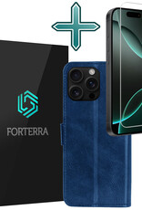 Forterra Hoesje Geschikt voor iPhone 16 Pro Max Book Case Kunstleer Hoes Met Screenprotector - Hoes Geschikt voor iPhone 16 Pro Max Hoesje Bookcase Met Pasjeshouder - Donkerblauw