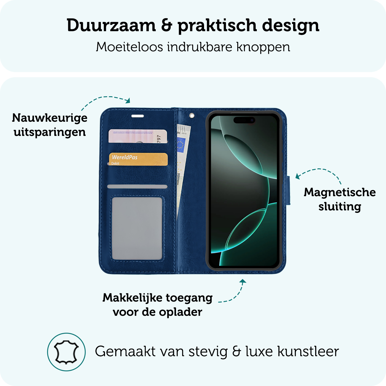 Forterra Hoesje Geschikt voor iPhone 16 Pro Max Book Case Kunstleer Hoes Met Screenprotector - Hoes Geschikt voor iPhone 16 Pro Max Hoesje Bookcase Met Pasjeshouder - Donkerblauw
