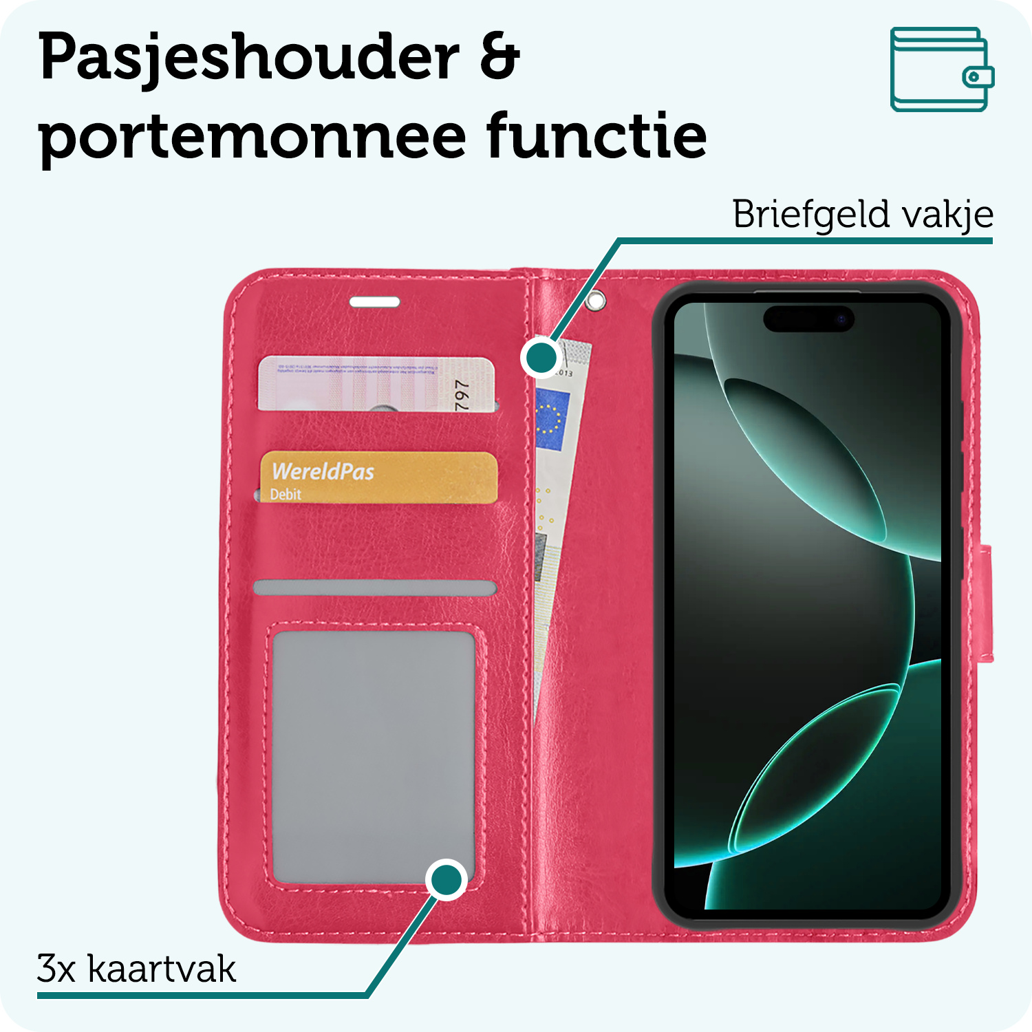 Forterra Hoesje Geschikt voor iPhone 16 Pro Max Book Case Kunstleer Hoes Met Screenprotector - Hoes Geschikt voor iPhone 16 Pro Max Hoesje Bookcase Met Pasjeshouder - Donkerroze