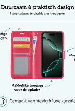 Forterra Hoesje Geschikt voor iPhone 16 Pro Max Book Case Kunstleer Hoes Met Screenprotector - Hoes Geschikt voor iPhone 16 Pro Max Hoesje Bookcase Met Pasjeshouder - Donkerroze