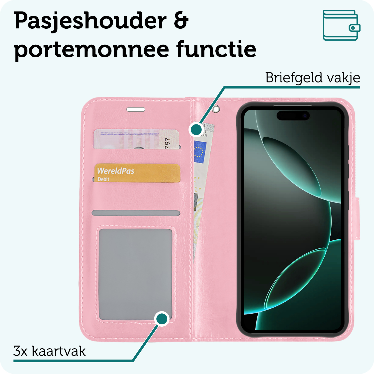 Forterra Hoesje Geschikt voor iPhone 16 Pro Max Book Case Kunstleer Hoes Met Screenprotector - Hoes Geschikt voor iPhone 16 Pro Max Hoesje Bookcase Met Pasjeshouder - Lichtroze