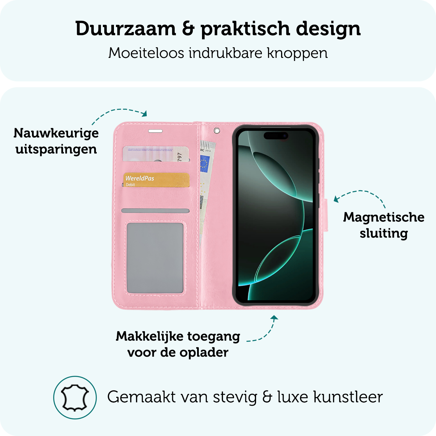 Forterra Hoesje Geschikt voor iPhone 16 Pro Max Book Case Kunstleer Hoes Met Screenprotector - Hoes Geschikt voor iPhone 16 Pro Max Hoesje Bookcase Met Pasjeshouder - Lichtroze