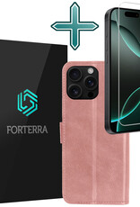 Forterra Hoesje Geschikt voor iPhone 16 Pro Max Book Case Kunstleer Hoes Met Screenprotector - Hoes Geschikt voor iPhone 16 Pro Max Hoesje Bookcase Met Pasjeshouder - Rosé goud