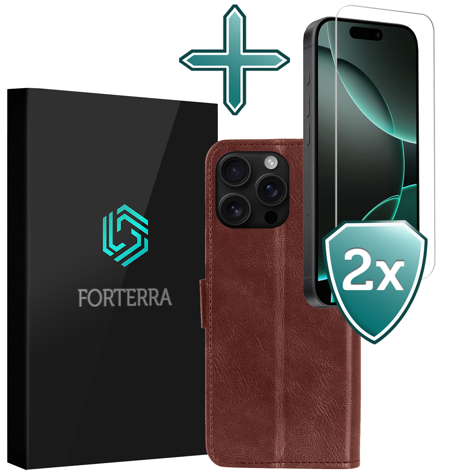 Forterra Hoesje Geschikt voor iPhone 16 Pro Max Book Case Kunstleer Hoes Met 2x Screenprotector - Hoes Geschikt voor iPhone 16 Pro Max Hoesje Bookcase Met Pasjeshouder - Bruin