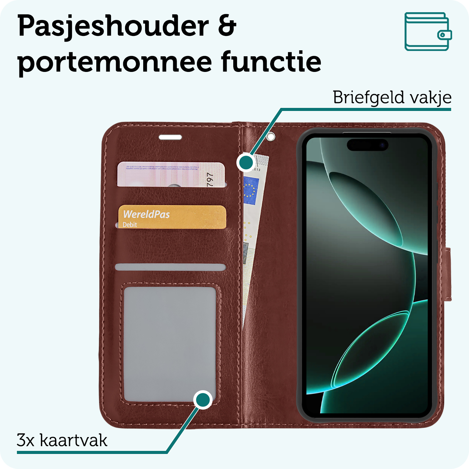 Forterra Hoesje Geschikt voor iPhone 16 Pro Max Book Case Kunstleer Hoes Met 2x Screenprotector - Hoes Geschikt voor iPhone 16 Pro Max Hoesje Bookcase Met Pasjeshouder - Bruin