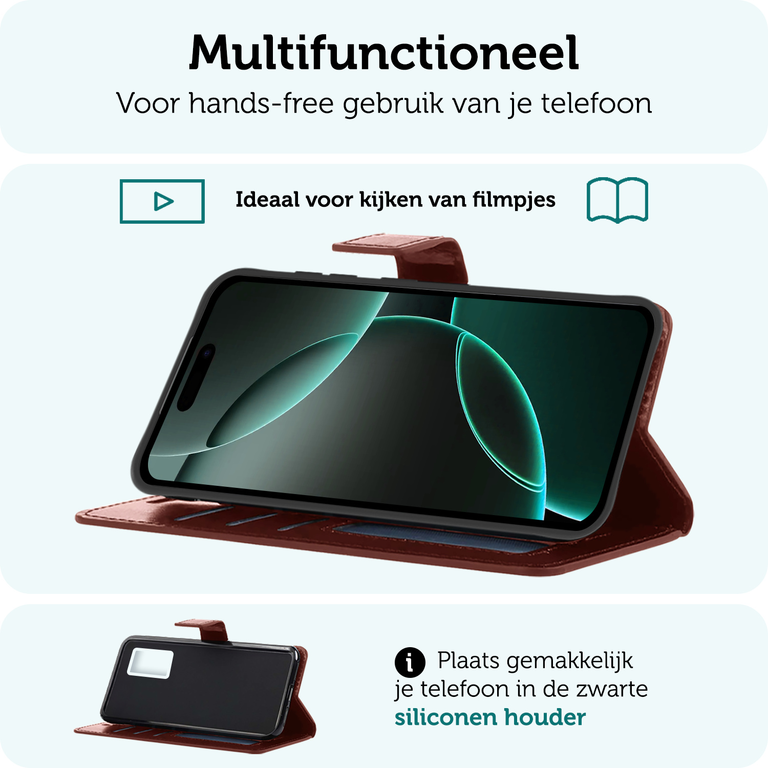 Forterra Hoesje Geschikt voor iPhone 16 Pro Max Book Case Kunstleer Hoes Met 2x Screenprotector - Hoes Geschikt voor iPhone 16 Pro Max Hoesje Bookcase Met Pasjeshouder - Bruin