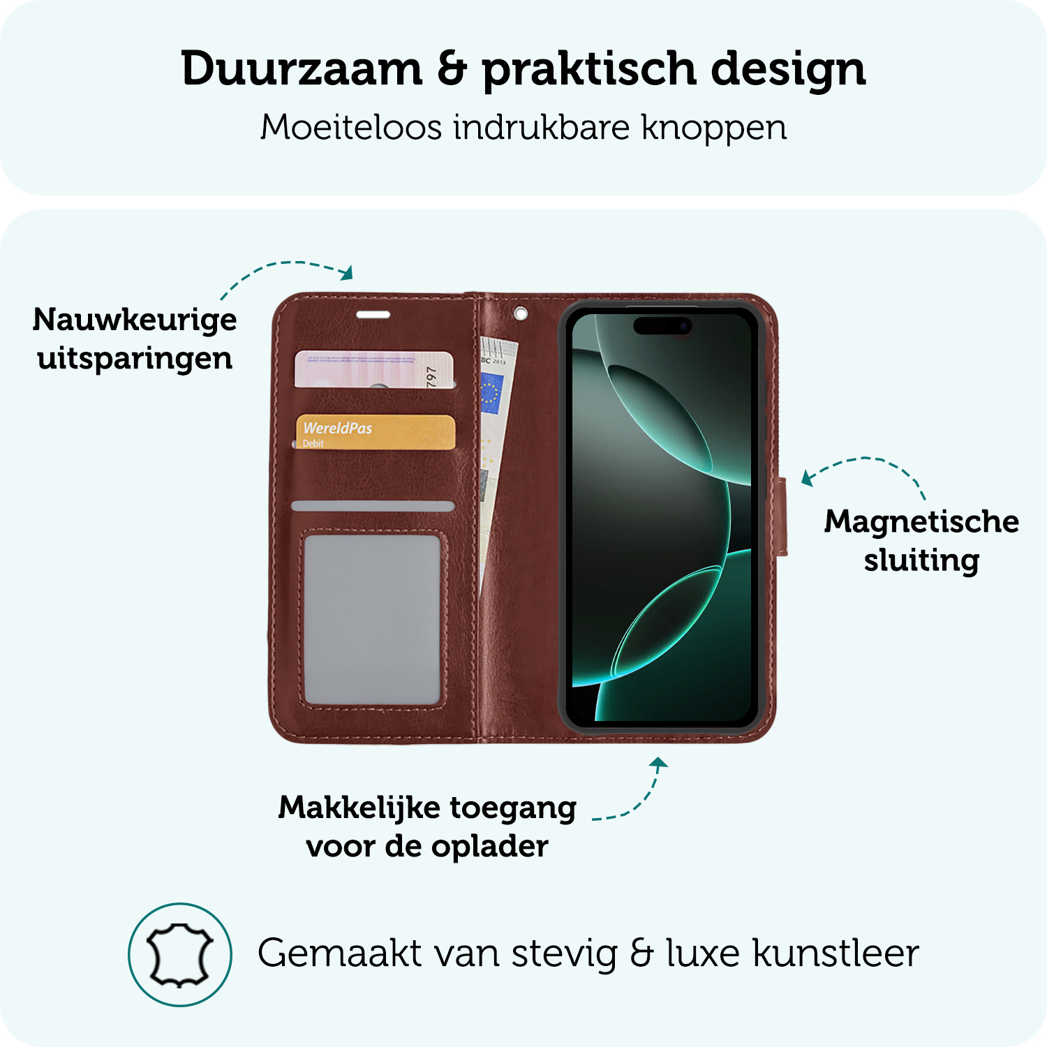 Forterra Hoesje Geschikt voor iPhone 16 Pro Max Book Case Kunstleer Hoes Met 2x Screenprotector - Hoes Geschikt voor iPhone 16 Pro Max Hoesje Bookcase Met Pasjeshouder - Bruin