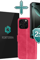 Forterra Hoesje Geschikt voor iPhone 16 Pro Max Book Case Kunstleer Hoes Met 2x Screenprotector - Hoes Geschikt voor iPhone 16 Pro Max Hoesje Bookcase Met Pasjeshouder - Donkerroze
