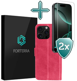Forterra Forterra iPhone 16 Pro Max Hoesje Bookcase Met 2x Screenprotector - Donkerroze