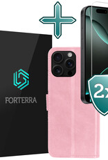 Forterra Hoesje Geschikt voor iPhone 16 Pro Max Book Case Kunstleer Hoes Met 2x Screenprotector - Hoes Geschikt voor iPhone 16 Pro Max Hoesje Bookcase Met Pasjeshouder - Lichtroze
