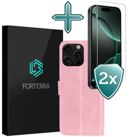 Forterra Forterra iPhone 16 Pro Max Hoesje Bookcase Met 2x Screenprotector - Lichtroze