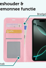 Forterra Hoesje Geschikt voor iPhone 16 Pro Max Book Case Kunstleer Hoes Met 2x Screenprotector - Hoes Geschikt voor iPhone 16 Pro Max Hoesje Bookcase Met Pasjeshouder - Lichtroze