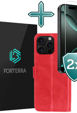Forterra Hoesje Geschikt voor iPhone 16 Pro Max Book Case Kunstleer Hoes Met 2x Screenprotector - Hoes Geschikt voor iPhone 16 Pro Max Hoesje Bookcase Met Pasjeshouder - Rood
