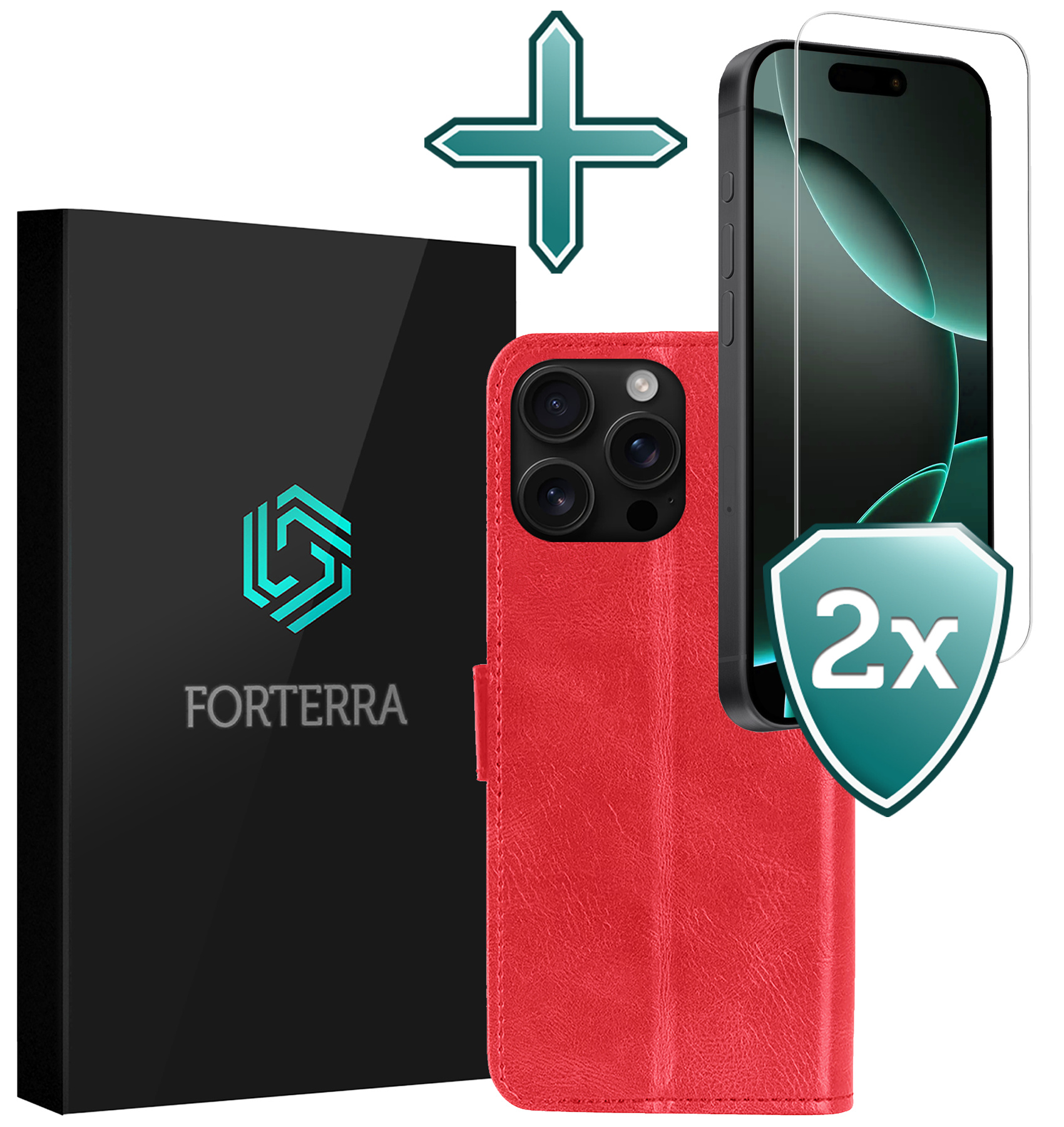 Forterra Hoesje Geschikt voor iPhone 16 Pro Max Book Case Kunstleer Hoes Met 2x Screenprotector - Hoes Geschikt voor iPhone 16 Pro Max Hoesje Bookcase Met Pasjeshouder - Rood