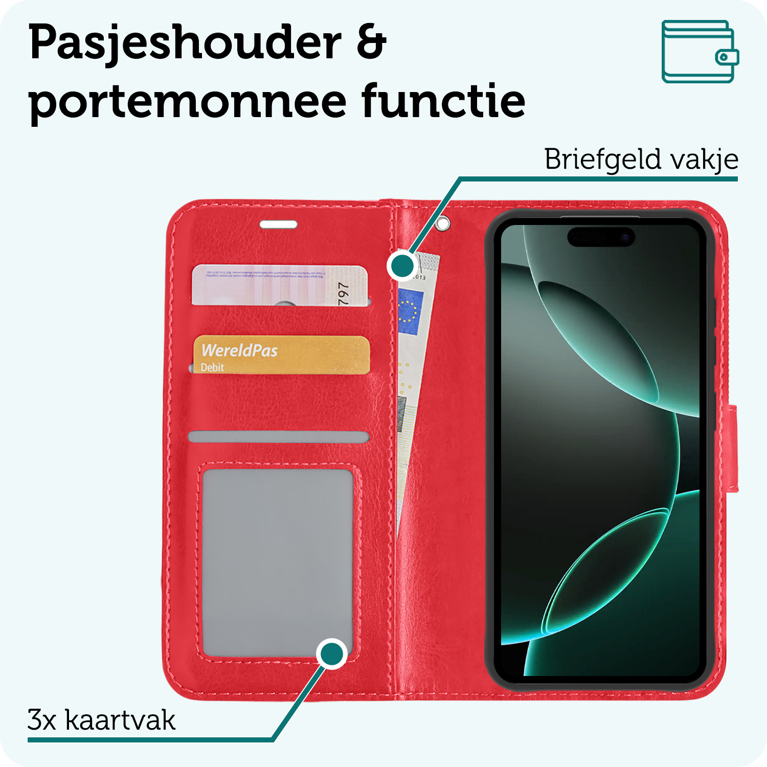 Forterra Hoesje Geschikt voor iPhone 16 Pro Max Book Case Kunstleer Hoes Met 2x Screenprotector - Hoes Geschikt voor iPhone 16 Pro Max Hoesje Bookcase Met Pasjeshouder - Rood