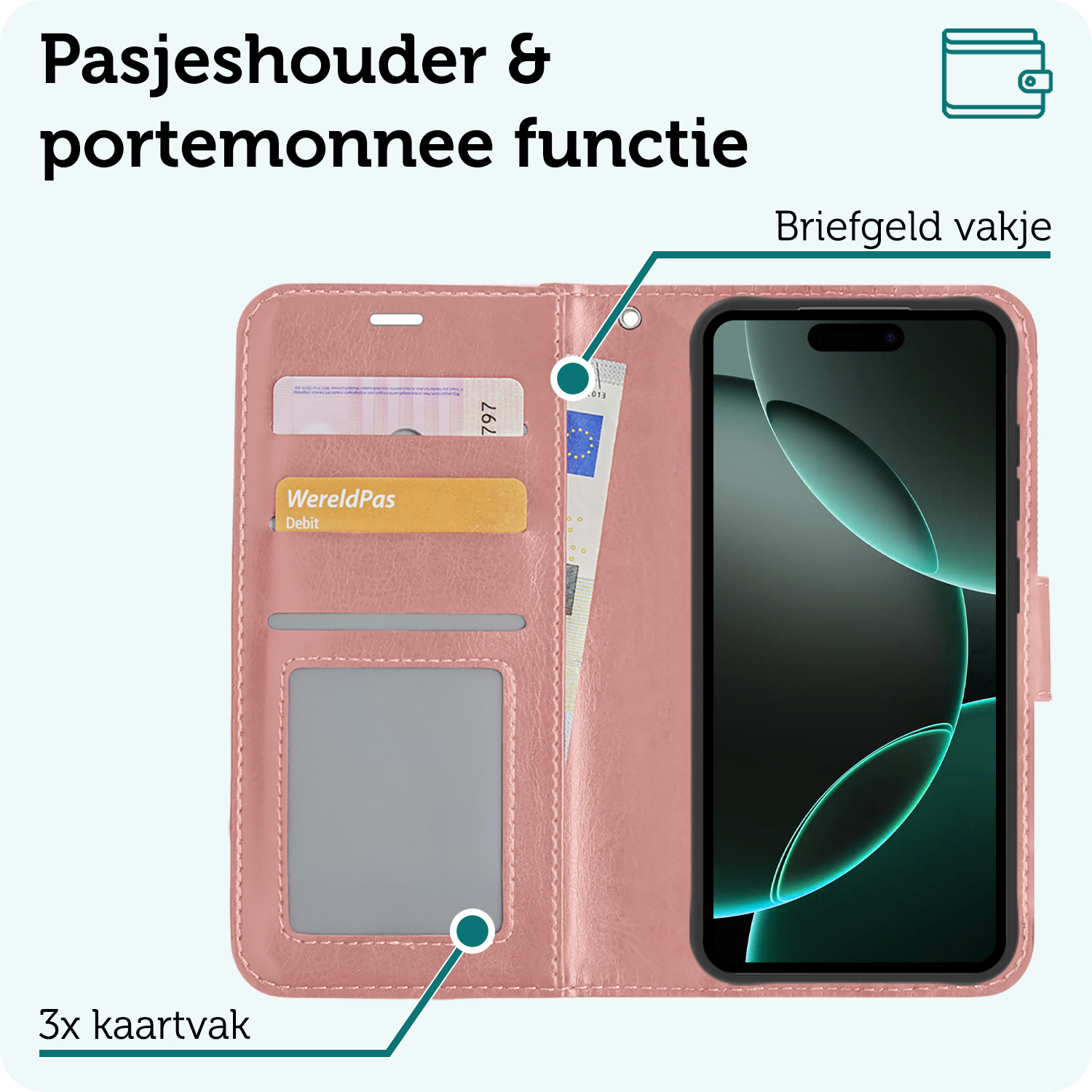 Forterra Hoesje Geschikt voor iPhone 16 Pro Max Book Case Kunstleer Hoes Met 2x Screenprotector - Hoes Geschikt voor iPhone 16 Pro Max Hoesje Bookcase Met Pasjeshouder - Rosé goud
