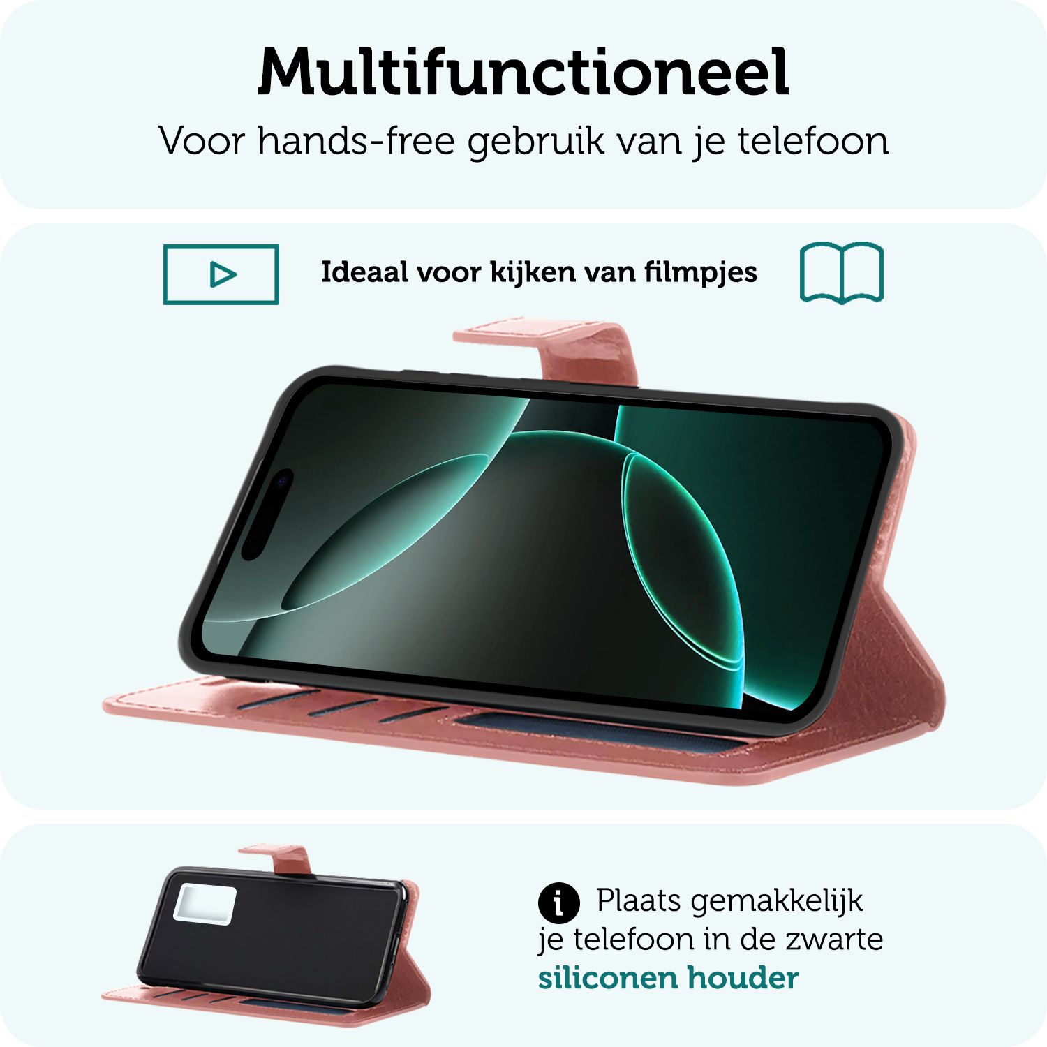 Forterra Hoesje Geschikt voor iPhone 16 Pro Max Book Case Kunstleer Hoes Met 2x Screenprotector - Hoes Geschikt voor iPhone 16 Pro Max Hoesje Bookcase Met Pasjeshouder - Rosé goud