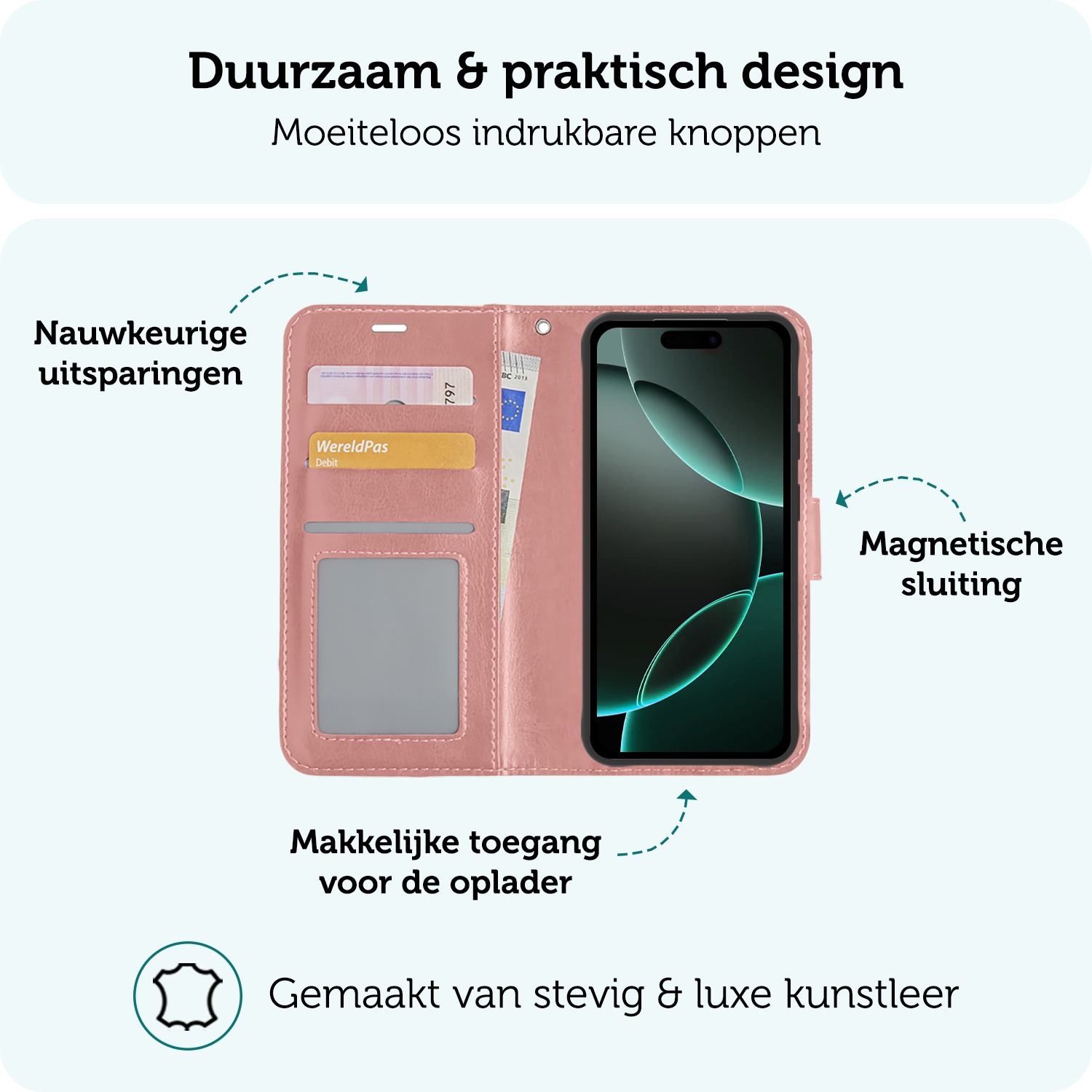 Forterra Hoesje Geschikt voor iPhone 16 Pro Max Book Case Kunstleer Hoes Met 2x Screenprotector - Hoes Geschikt voor iPhone 16 Pro Max Hoesje Bookcase Met Pasjeshouder - Rosé goud