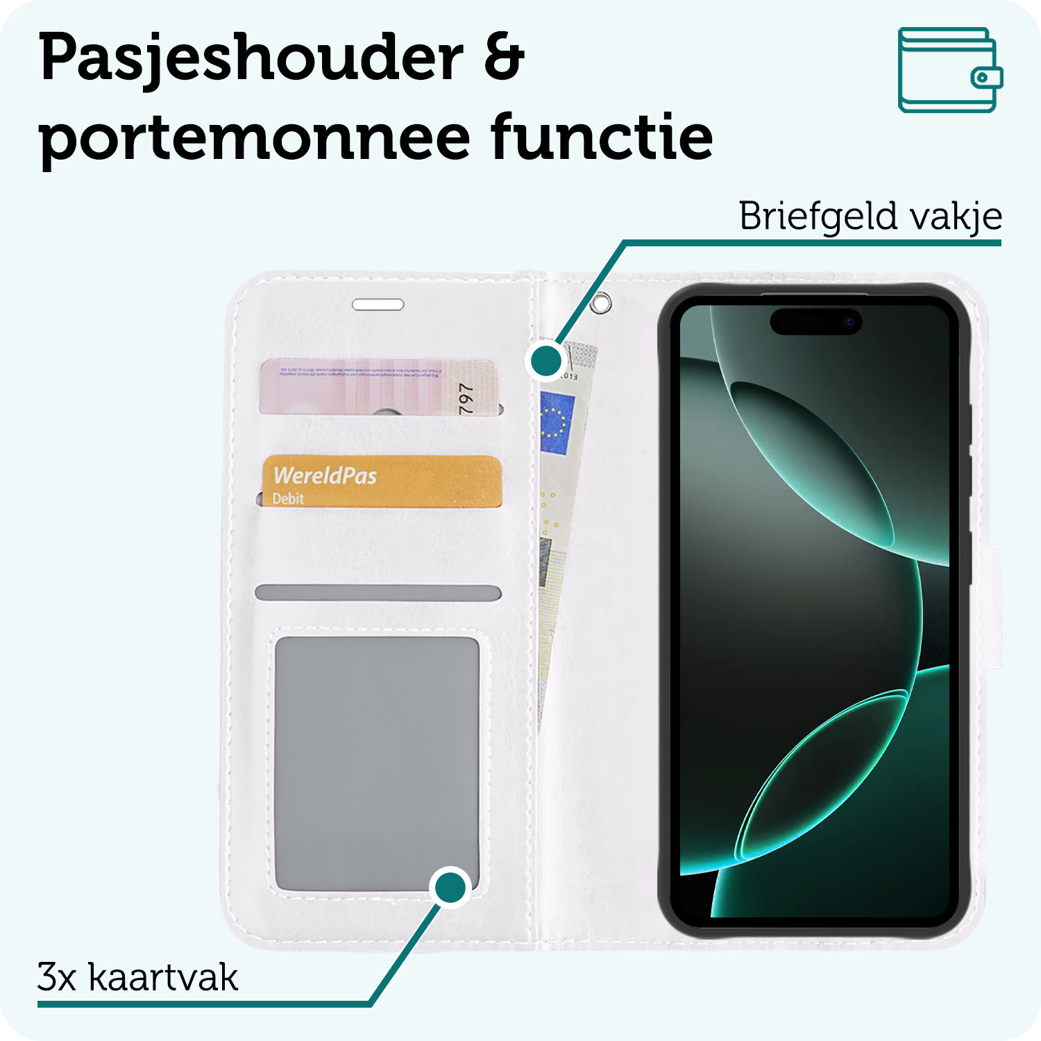 Forterra Hoesje Geschikt voor iPhone 16 Pro Max Book Case Kunstleer Hoes Met 2x Screenprotector - Hoes Geschikt voor iPhone 16 Pro Max Hoesje Bookcase Met Pasjeshouder - Wit
