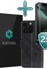 Forterra Hoesje Geschikt voor iPhone 16 Pro Max Book Case Kunstleer Hoes Met 2x Screenprotector - Hoes Geschikt voor iPhone 16 Pro Max Hoesje Bookcase Met Pasjeshouder - Zwart