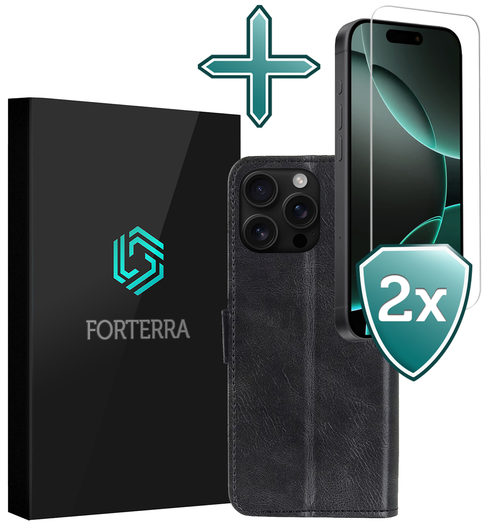 Forterra Hoesje Geschikt voor iPhone 16 Pro Max Book Case Kunstleer Hoes Met 2x Screenprotector - Hoes Geschikt voor iPhone 16 Pro Max Hoesje Bookcase Met Pasjeshouder - Zwart