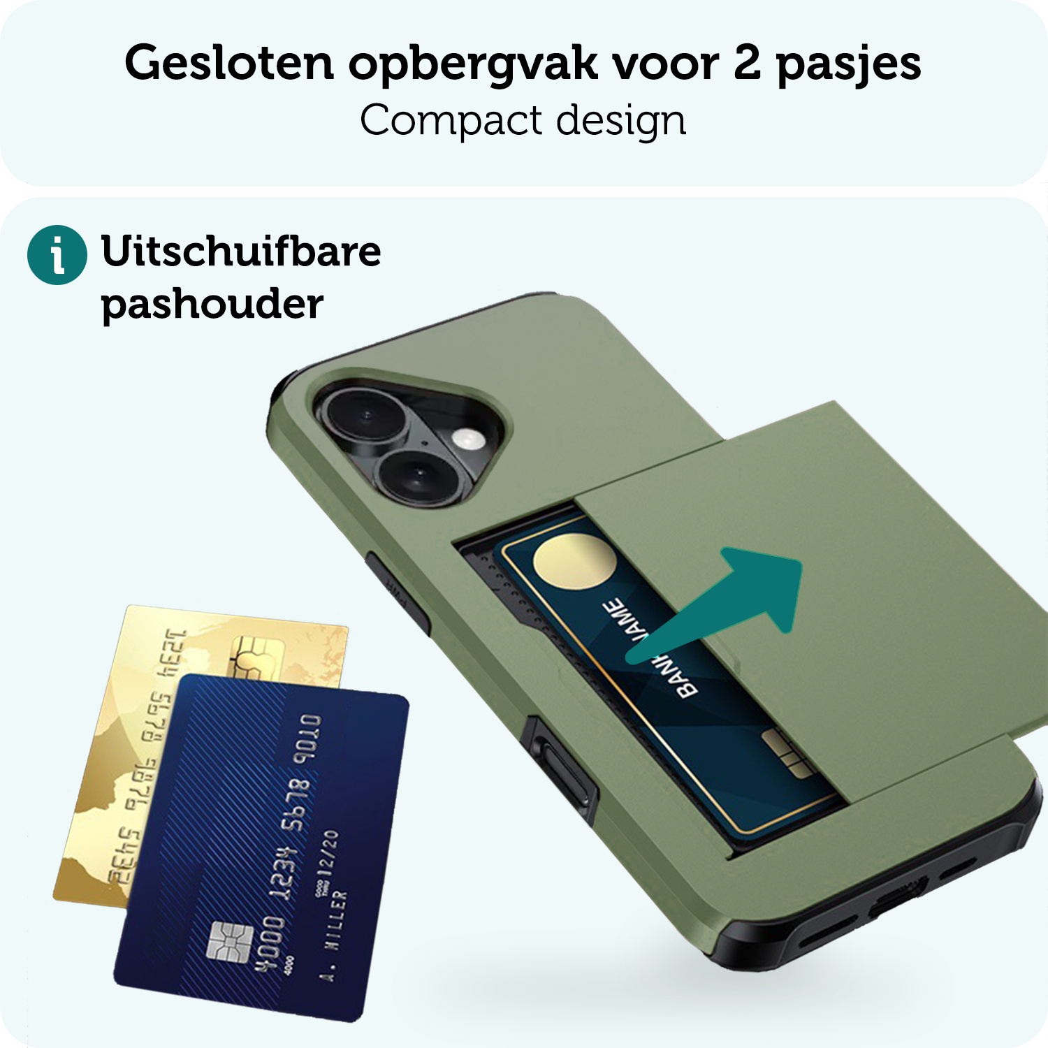 Forterra Hoesje Geschikt voor iPhone 16 Pashouder Hard Case Hoes - Hoes Geschikt voor iPhone 16 Hoesje Back Cover Met Pasjeshouder - Donkergroen